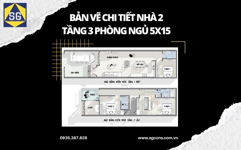 nhà 2 tầng 3 phòng ngủ 5x15