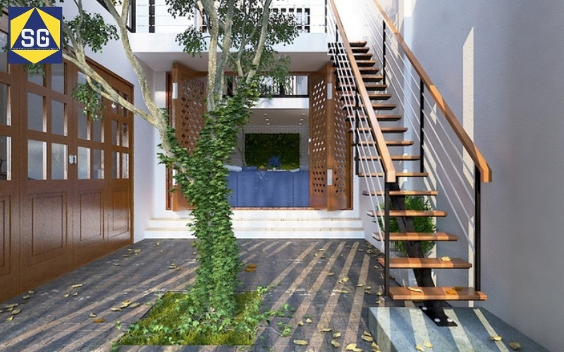 nhà 2 tầng cầu thang ngoài