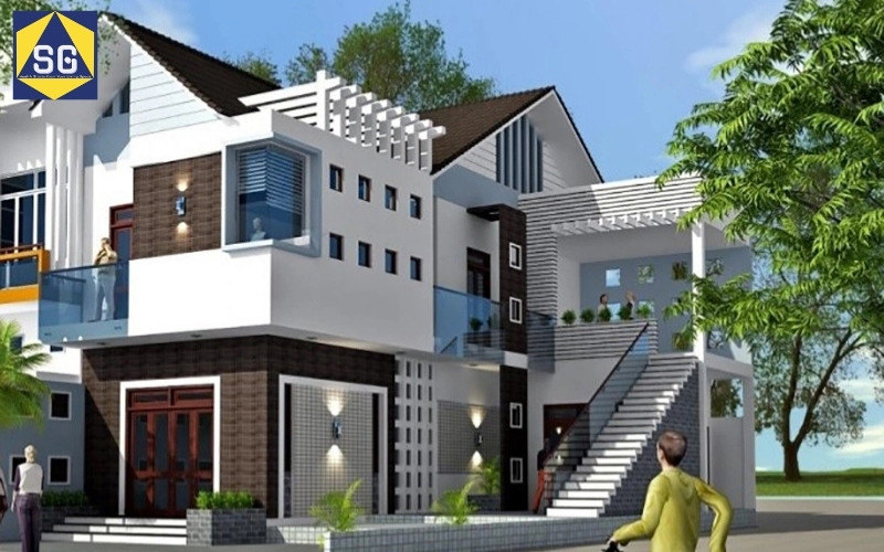 nhà 2 tầng cầu thang ngoài