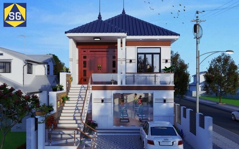 nhà 2 tầng cầu thang ngoài