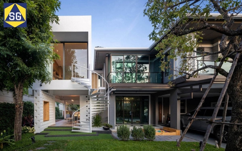 nhà 2 tầng cầu thang ngoài