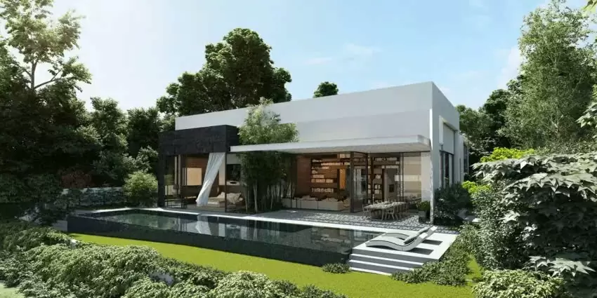 Mẫu nhà cấp 4 có sân vườn đẹp, tối giản kết hợp hồ bơi