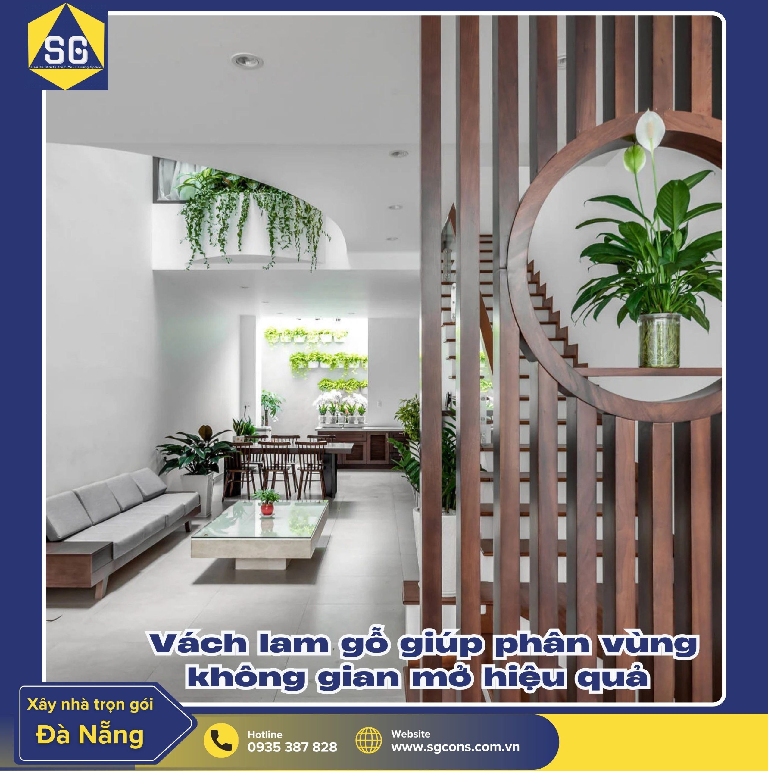 Vách lam gỗ giúp phân vùng không gian mở hiệu quả nhờ tạo khoảng hở thông thoáng nhưng vẫn đảm bảo riêng tư