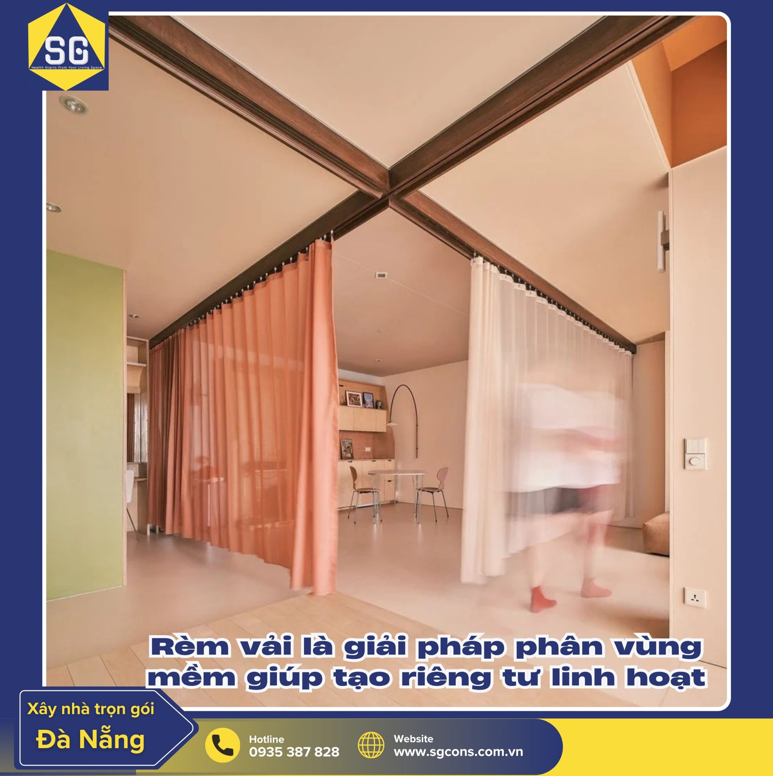 Rèm vải là giải pháp phân vùng mềm giúp tạo riêng tư linh hoạt mà vẫn giữ sự nhẹ nhàng và thoáng cho không gian
