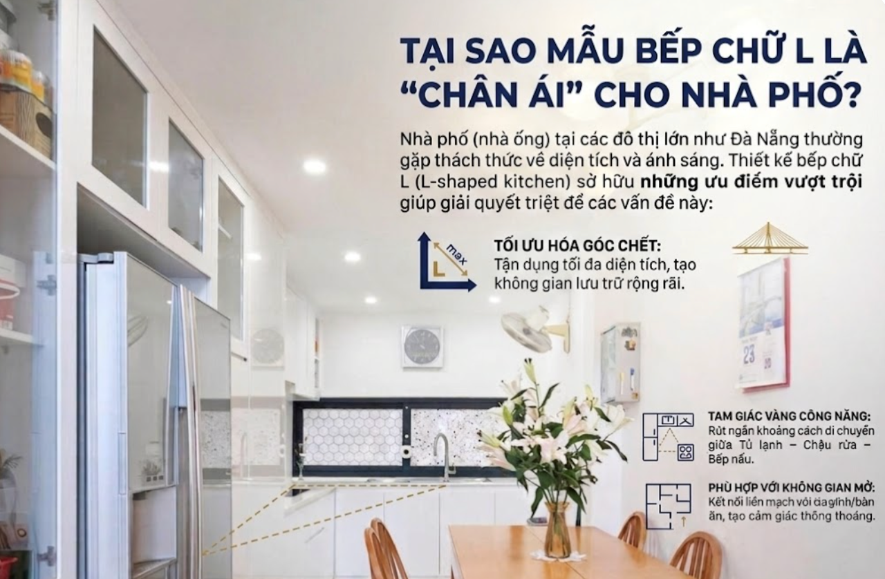 Thiết kế bếp chữ L (L-shaped kitchen) sở hữu những ưu điểm vượt trội